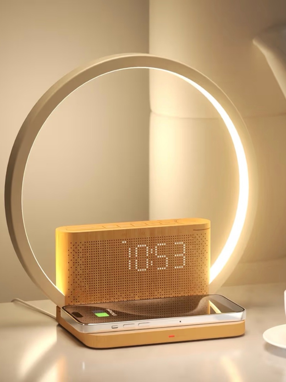 Woodgrain LED Clock Speaker with Wireless Charging - Cream